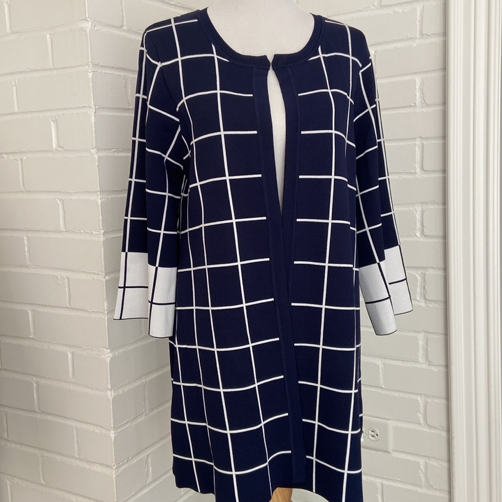Spanner Classic Size L Blue And White Plaid Nautical Long Open Front Sweater